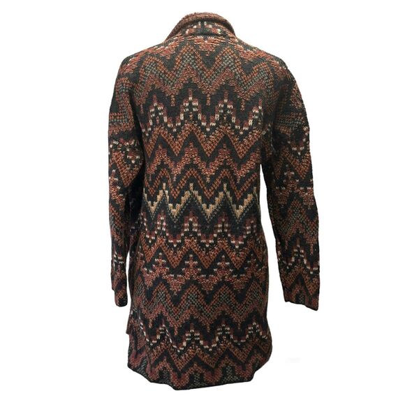 Lucky Brand Long Ikat‎ Cardigan Knit Sweater Black Maroon Wool Acrylic Medium - Picture 3 of 11